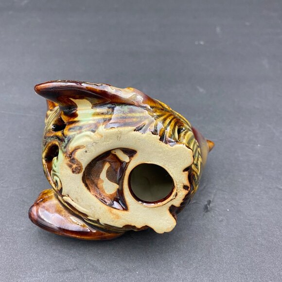 Vintage Ceramic Bird Figurine Brown Green Hollow Cut Outs Chickadee Glossy - Picture 10 of 11